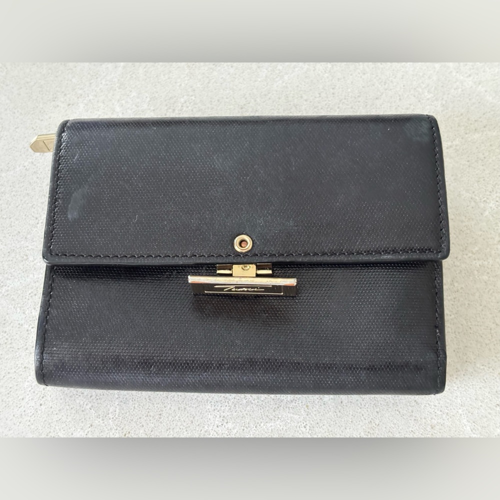 Tumi Black Leather Tri-Fold Vintage Wallet Classic Minimaist Gold Accents Retro - Picture 5 of 13